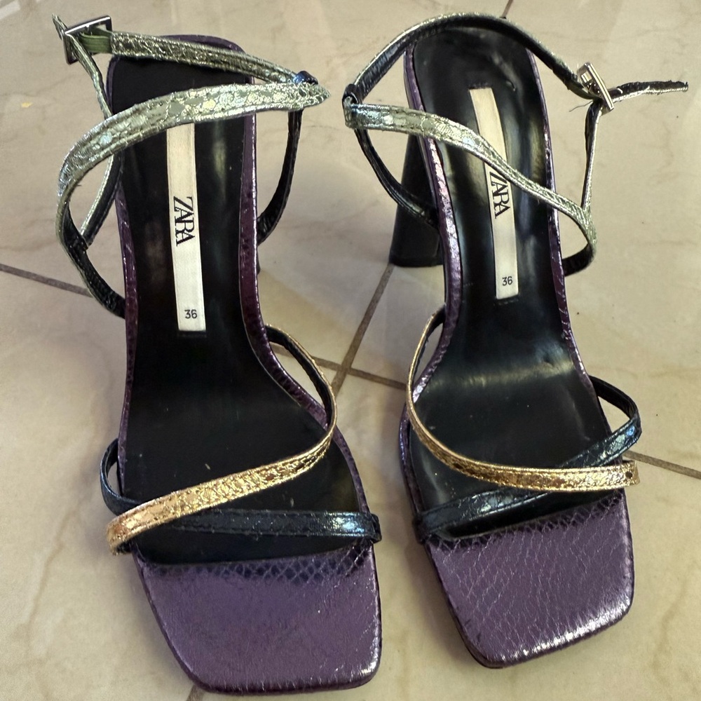 Zara Purple and Gold Strappy Heels